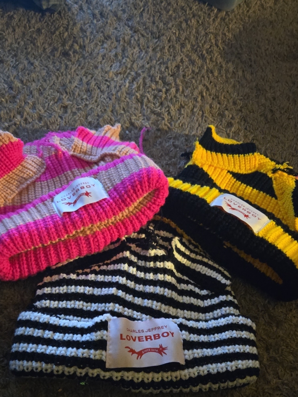 LOVERBOY Striped Knit Beanie Trio - Pink, Yellow, Black/White